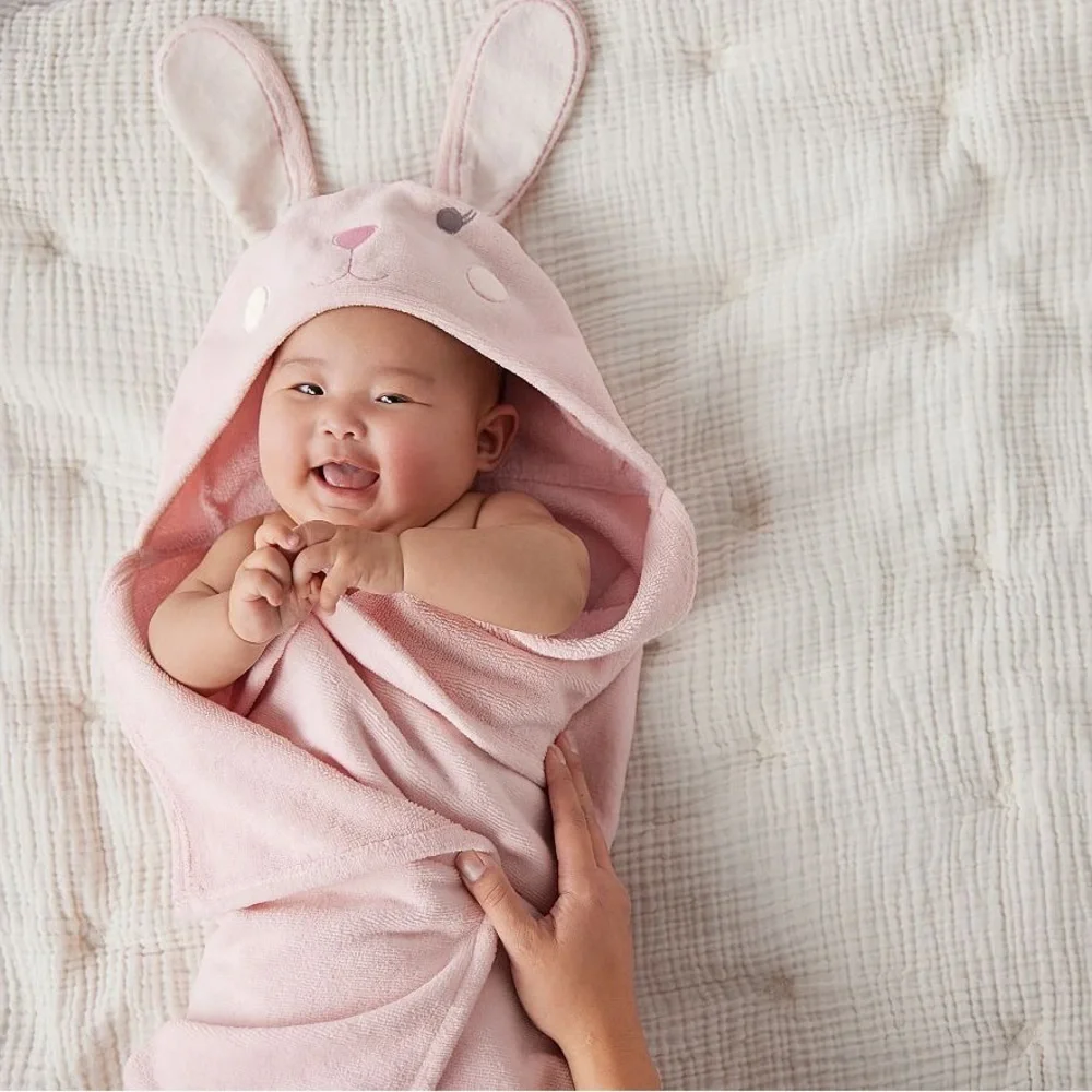 Pottery Barn Plush Baby Hooded Towel Collection Lilac New Bath Wrap Bunny